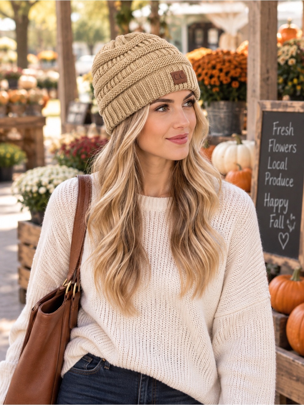 C.C Camel Ribbed Knit Slouchy Beanie Winter Hat One Size